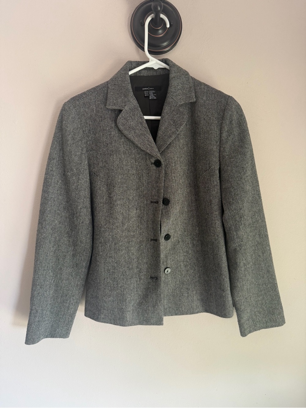 Zara Basic Wool Blend Herringbone Blazer Jacket Grey Black Size 6